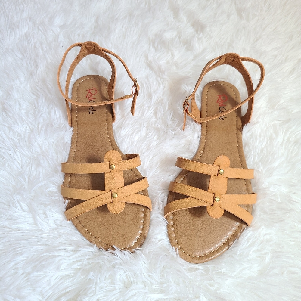 Red Circle cognac ankle strap sandal huarache flat